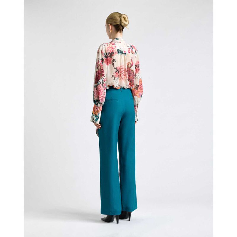 Cue Peacock Linen Blend Piped Straight Leg Pant image number 1